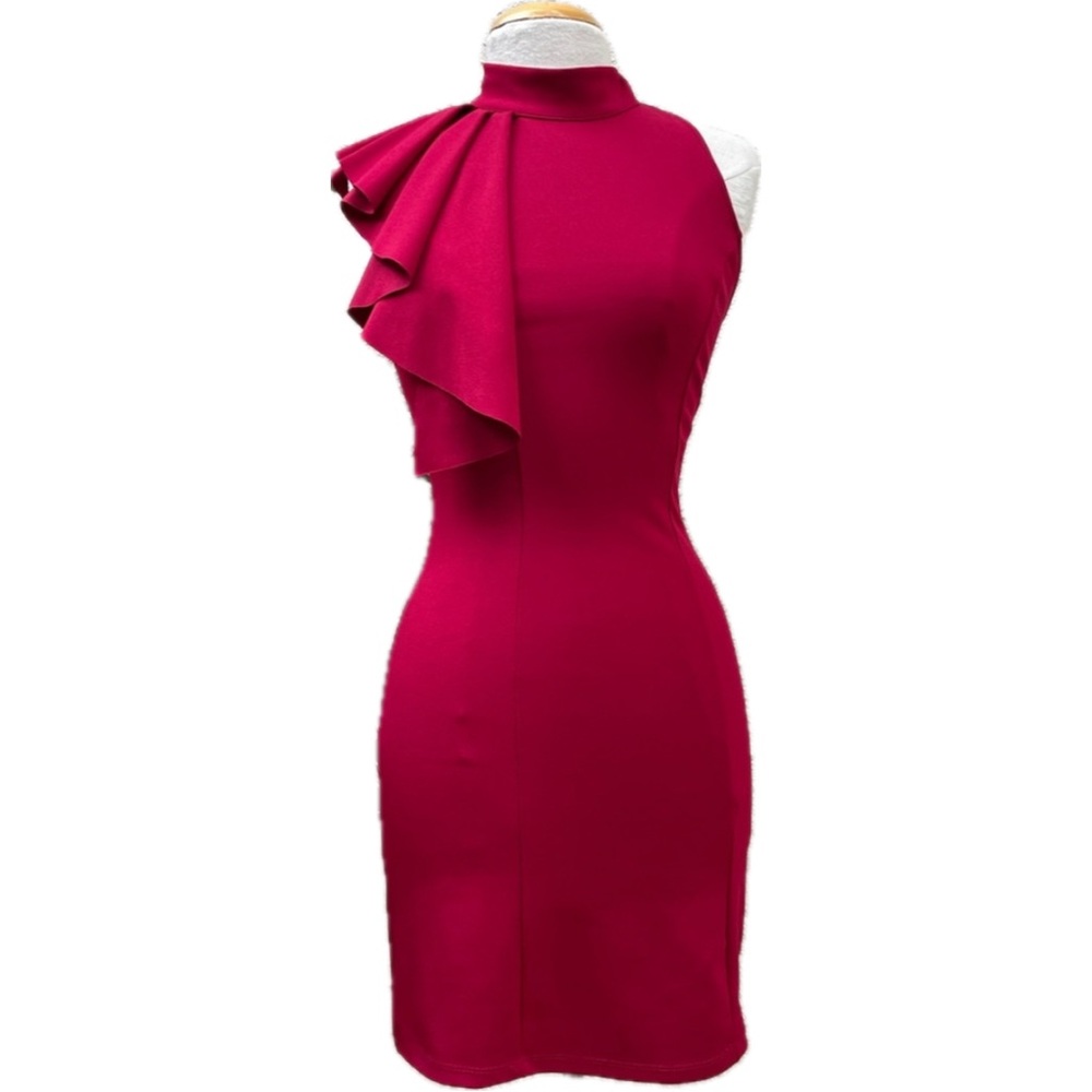 Red Cocktail Stretchy Dress w Dramatic Neck